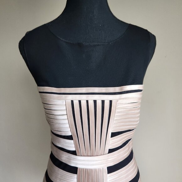 BCBGMaxAzria Brenda Stretch Satin Bandage Bodycon Dress Gold Black Mesh size 10 - Picture 2 of 5